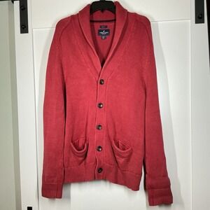 American Eagle Cardigan Mens Size XL Red Rust Sweater Shawl Collar Knit Prep Fit